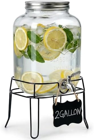 2 Gallon Glass Drink Dispenser, Beverage Dispenser with Stand, Lemonade Dispenser with 304 Stainless Steel