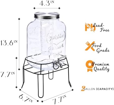 2 Gallon Glass Drink Dispenser, Beverage Dispenser with Stand, Lemonade Dispenser with 304 Stainless Steel, alternate view 2