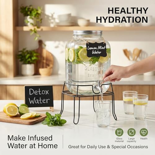 2 Gallon Glass Drink Dispenser, Beverage Dispenser with Stand, Lemonade Dispenser with 304 Stainless Steel, alternate view 3