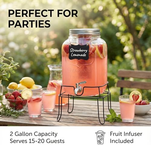 2 Gallon Glass Drink Dispenser, Beverage Dispenser with Stand, Lemonade Dispenser with 304 Stainless Steel, alternate view 6