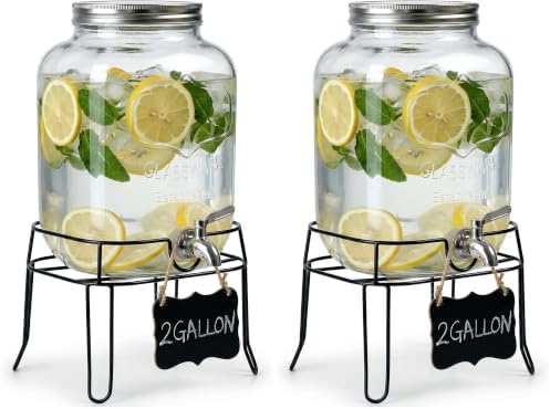 2 Gallon Glass Drink Dispenser, Beverage Dispenser with Stand, Lemonade Dispenser with 304 Stainless Steel