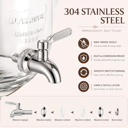 2 Gallon Glass Drink Dispenser, Beverage Dispenser with Stand, Lemonade Dispenser with 304 Stainless Steel, alternate view 4