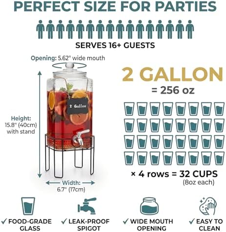 2 Gallon Glass Drink Dispenser, Drink Dispensers for Parties, Beverage Dispenser with Stand and Glass Lid, 100%, alternate