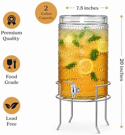 2 Gallon Glass Drink Dispenser, hobnail Drink Dispensers for Parties, Beverage Dispenser with Stand and Glass, alternate view