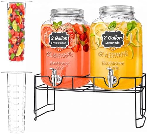 2 Gallon Glass Drink Dispenser with Stand & Fruit Infuser 2 Pcs