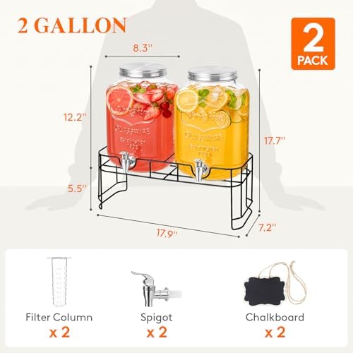 2 Gallon Glass Drink Dispenser with Stand & Fruit Infuser 2 Pcs, alternate view 3