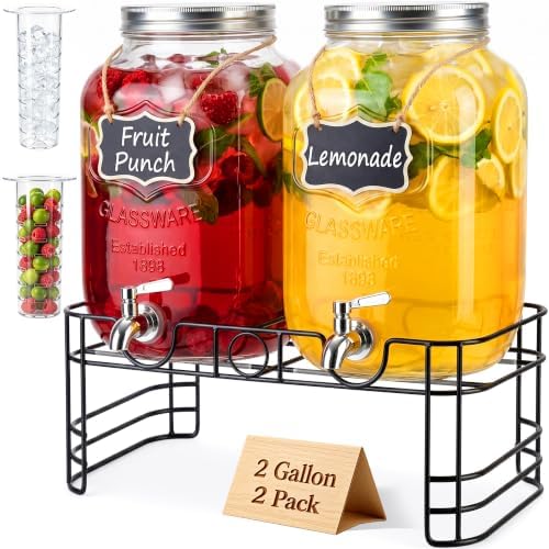 2 Gallon Glass Drink Dispensers for Parties, 2 Pack