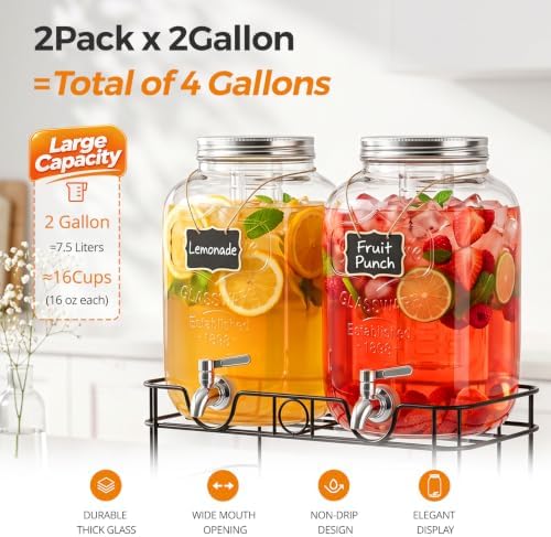 2 Gallon Glass Drink Dispensers for Parties, 2 Pack, alternate view 4