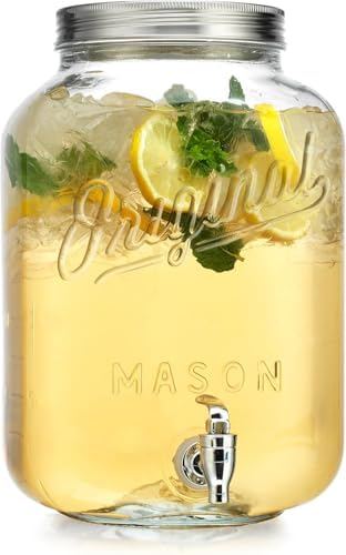 2 GALLON Glass Drink Dispensers for Parties, Original Mason Ice Beverage Dispensers, Glass Water Dispenser with
