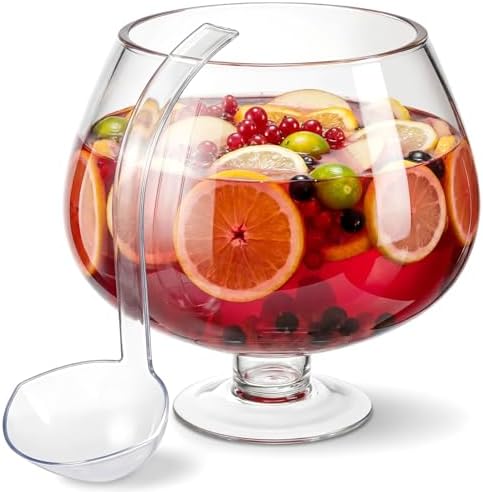 2 Gallon Glass Punch Bowl Set with Plastic Ladle, Stem Design