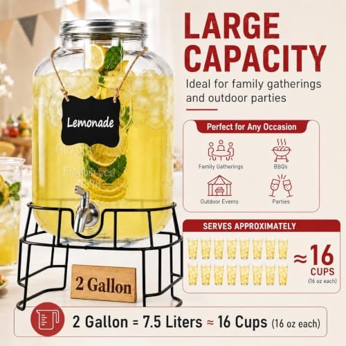 2 Gallon LARGE Glass Drink Dispenser with Stand & Leak-Proof Spigot, alternate view 3
