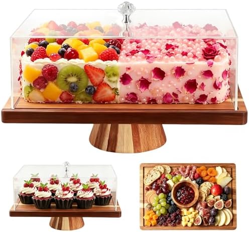 2-in-1 Acacia Wood Rectangular Cake Stand Lid Charcuterie Tray in 14.17in*10.63in in wood color