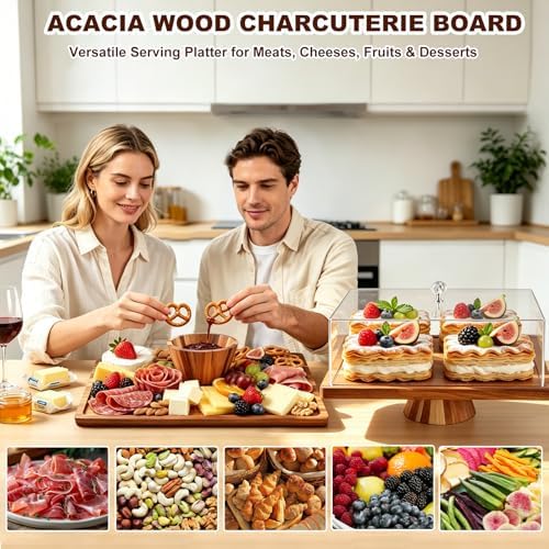 2-in-1 Acacia Wood Rectangular Cake Stand Lid Charcuterie Tray in 14.17in*10.63in in wood color, alternate view 2