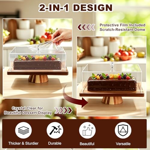 2-in-1 Acacia Wood Rectangular Cake Stand Lid Charcuterie Tray in 14.17in*10.63in in wood color, alternate view 4