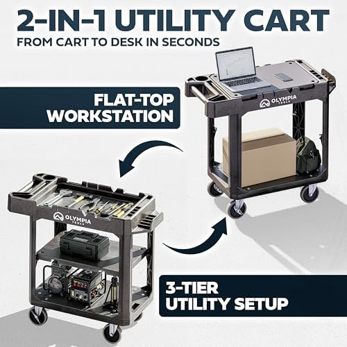 2-in-1 Heavy Duty Utility Work Cart, Rolling Tool Cart with Wheels, Convertible 3-Shelf to Flat Top Workstation, alternate