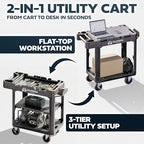 2-in-1 Heavy Duty Utility Work Cart, Rolling Tool Cart with Wheels, Convertible 3-Shelf to Flat Top Workstation, alternate