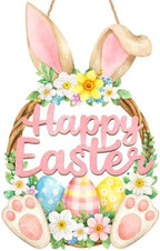 2 Layer Wooden Bunny Easter Wreath for Front Door, Happy Easter Door Hanging Sign, Spring Wall Decor, Bunny