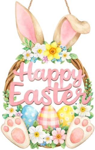 2 Layer Wooden Bunny Easter Wreath for Front Door, Happy Easter Door Hanging Sign, Spring Wall Decor, Bunny