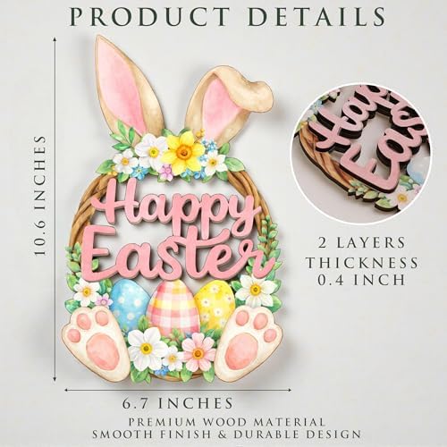 2 Layer Wooden Bunny Easter Wreath for Front Door, Happy Easter Door Hanging Sign, Spring Wall Decor, Bunny, alternate view 2