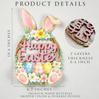 2 Layer Wooden Bunny Easter Wreath for Front Door, Happy Easter Door Hanging Sign, Spring Wall Decor, Bunny, alternate view 2