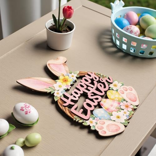 2 Layer Wooden Bunny Easter Wreath for Front Door, Happy Easter Door Hanging Sign, Spring Wall Decor, Bunny, alternate view 3