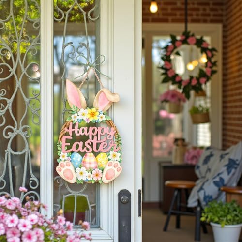 2 Layer Wooden Bunny Easter Wreath for Front Door, Happy Easter Door Hanging Sign, Spring Wall Decor, Bunny, alternate view 6