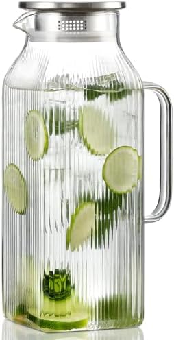 2 Liter/68 oz Square Glass Pitcher with Lid, Classic Stripes Water Pitchers with Handle for Fridge, Large Jug