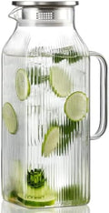 2 Liter/68 oz Square Glass Pitcher with Lid, Classic Stripes Water Pitchers with Handle for Fridge, Large Jug