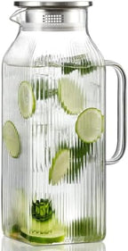 2 Liter/68 oz Square Glass Pitcher with Lid, Classic Stripes Water Pitchers with Handle for Fridge, Large Jug