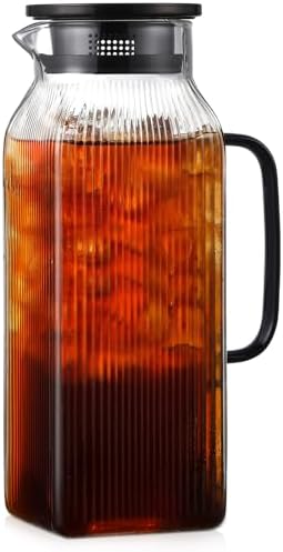 2 Liter/68 oz Square Glass Pitcher with Lid, Classic Stripes Water Pitchers with Handle for Fridge, Large Jug