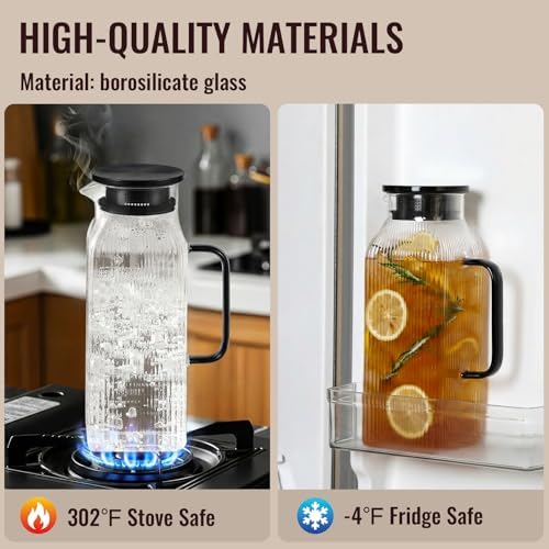 2 Liter/68 oz Square Glass Pitcher with Lid, Classic Stripes Water Pitchers with Handle for Fridge, Large Jug, alternate view