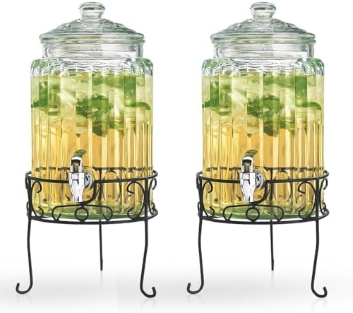 2 PACK 1.5 Gallon Drink dispenser, Glass Beverage Dispenser With Elegant Stand Stand, Drink Dispensers for