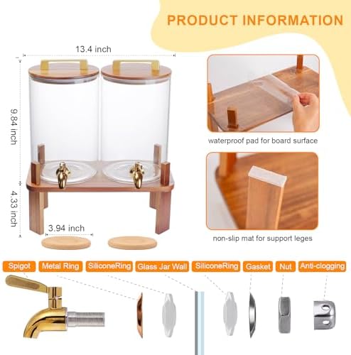 2 PACK 1 Gallon Glass Beverage Dispenser with Wooden Stand, Drink Dispenser with Stainless Steel Leak-Proof, alternate view 3