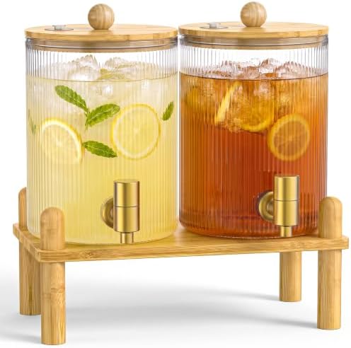 2 Pack 1 Gallon Glass Drink Dispenser for Parties with Wood Stand