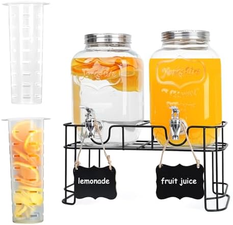 2 Pack 1 Gallon Glass Drink Dispensers, Beverage Jars with Stand