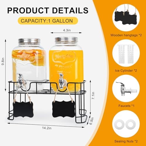 2 Pack 1 Gallon Glass Drink Dispensers, Beverage Jars with Stand, alternate view 3