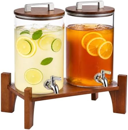 2 Pack 1 Gallon Glass Drink Dispensers for Parties with Acacia Wood Stand