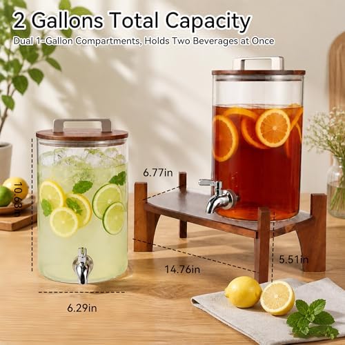 2 Pack 1 Gallon Glass Drink Dispensers for Parties with Acacia Wood Stand, alternate view 2
