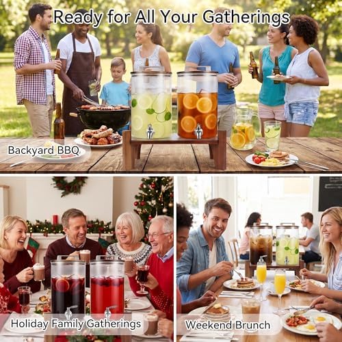 2 Pack 1 Gallon Glass Drink Dispensers for Parties with Acacia Wood Stand, alternate view 3