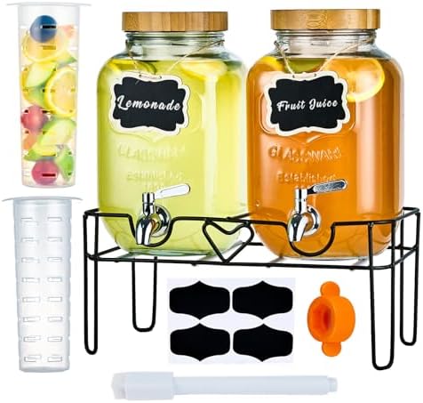 2 Pack 1 Gallon Glass Drink Dispensers for Parties with Stand, Fruit Infusers, Bamboo Lids and Stainless Steel