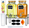 2 Pack 1 Gallon Glass Drink Dispensers for Parties with Stand, Fruit Infusers, Bamboo Lids and Stainless Steel
