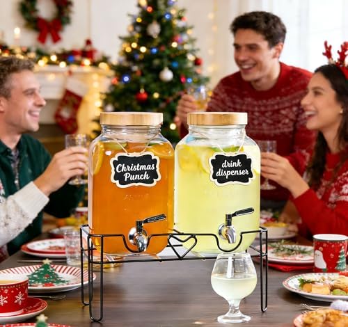 2 Pack 1 Gallon Glass Drink Dispensers for Parties with Stand, Fruit Infusers, Bamboo Lids and Stainless Steel, alternate