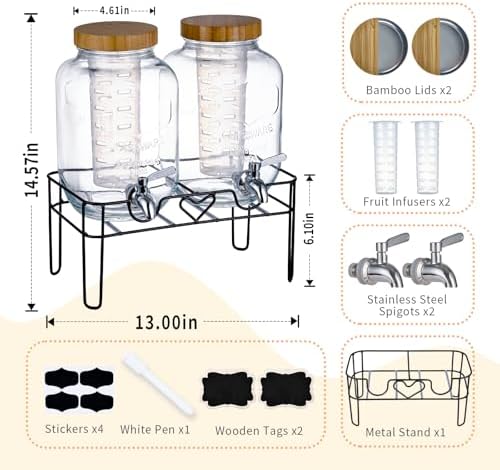 2 Pack 1 Gallon Glass Drink Dispensers for Parties with Stand, Fruit Infusers, Bamboo Lids and Stainless Steel, alternate