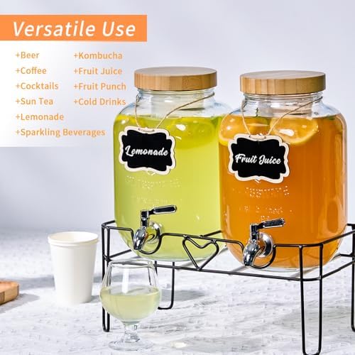 2 Pack 1 Gallon Glass Drink Dispensers for Parties with Stand, Fruit Infusers, Bamboo Lids and Stainless Steel, alternate