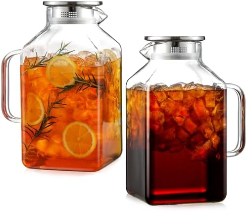 2 Pack 1 Gallon Square Glass Pitcher with Lid and Spout, Borosilicate Glass Carafe for Hot/Cold Drink, Water
