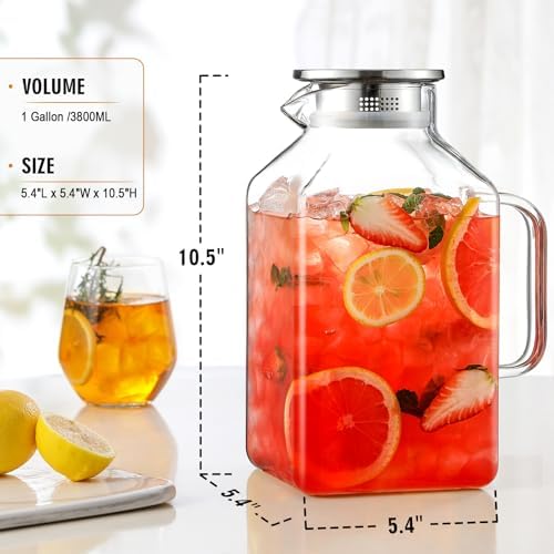 2 Pack 1 Gallon Square Glass Pitcher with Lid and Spout, Borosilicate Glass Carafe for Hot/Cold Drink, Water, alternate view