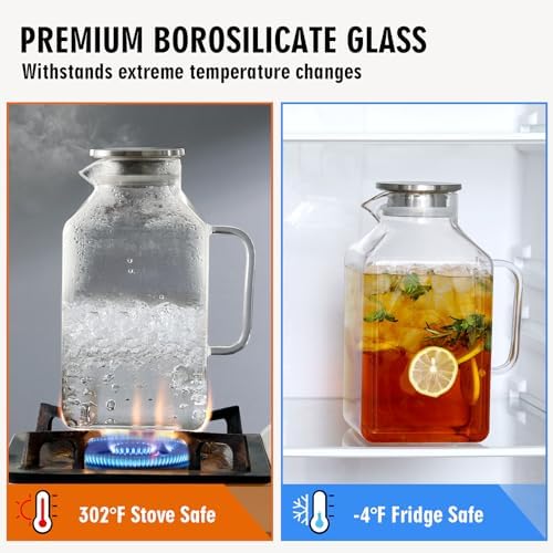 2 Pack 1 Gallon Square Glass Pitcher with Lid and Spout, Borosilicate Glass Carafe for Hot/Cold Drink, Water, alternate view