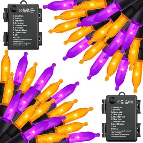 2 Pack 100 LED Halloween Lights Battery Operated, 34.8FT Orange Purple String Lights 8 Modes with Timer