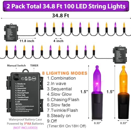 2 Pack 100 LED Halloween Lights Battery Operated, 34.8FT Orange Purple String Lights 8 Modes with Timer, alternate view 2