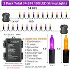 2 Pack 100 LED Halloween Lights Battery Operated, 34.8FT Orange Purple String Lights 8 Modes with Timer, alternate view 2